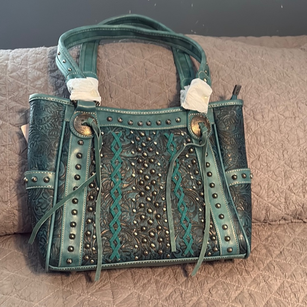 Teal Studded Shoulder Bag w/concealed carry compartment